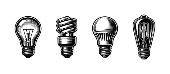 Retro light bulb set black and white vector illustration featuring various bulb designs