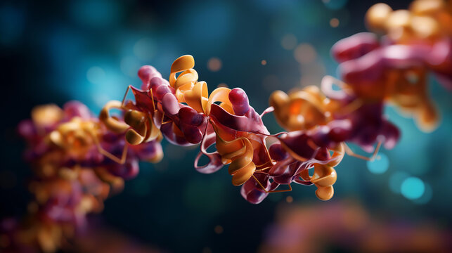 Abstract 3D scientific visualization of a protein macromolecule chain the polypeptide ribbon rendered with smooth gradient shading transitioning from deep indigo to warm amber