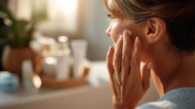 Faceless woman from behind applying a rich moisturizing cream to her cheek in a sunlit bathroom fingertips spreading the product in a gentle circular motion morning light