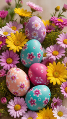 Pastel Easter eggs with delicate floral patterns arranged among colourful spring daisies. Bright festive composition with soft natural light, perfect for seasonal holiday themes