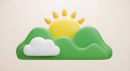 Obraz premium A simple and cheerful 3D illustration featuring a yellow sun shining behind green hills with white clouds in the foreground. The design is clean, minimalist, and has a calming effect.