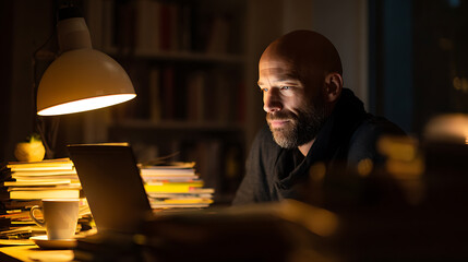 Fototapeta premium Focused adult man work with laptop computer in dark home office, illuminated by lamp light, surrounded by books, coffee cup, and tech
