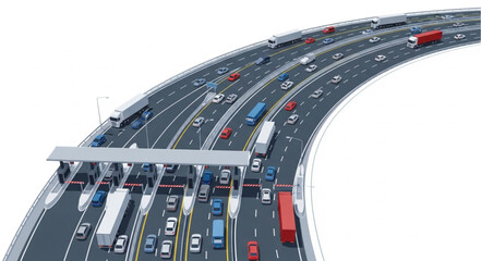Busy highway toll plaza with multiple lanes of traffic. © Nifi