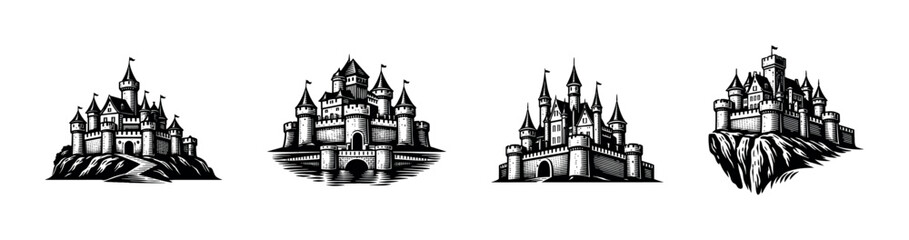 Obraz premium Black and white castle silhouettes set of four vector illustrations
