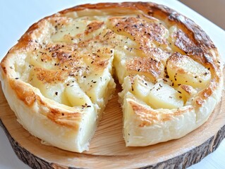 Ossetian pie with potato filling displayed on a wooden board, golden crust with a slice removed, showcasing the soft interior and baked texture