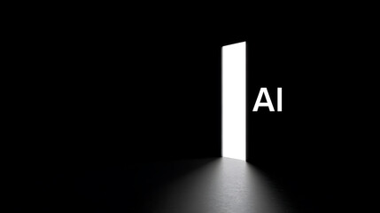 Obraz premium Bright opening in a dark room with AI text, symbolizing innovation, future challenges, and opportunities in technology and artificial intelligence