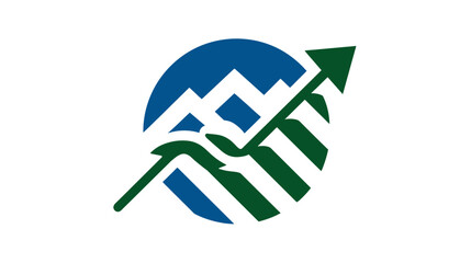 A graphic featuring a blue circle with mountains and an arrow that goes through it