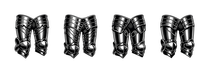 Obraz premium Set of medieval knight leg armor illustrations in black and white vector style