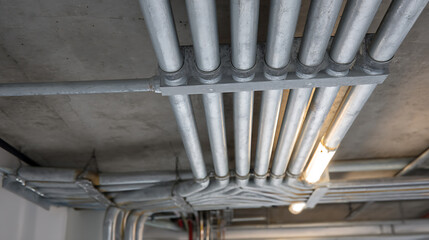 Industrial Ceiling Infrastructure with Metal Conduits and Exposed Concrete Structure in a Commercial Building Interior or Construction Site