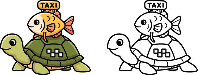Obraz premium Cute Cartoon Fish Riding Turtle Taxi Whimsical Animal Transport for Kids Design or Coloring Book Illustration
