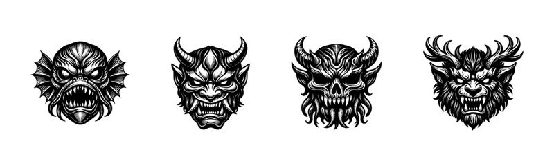 Fototapeta premium Set of four detailed black and white demon mask illustrations with horns and fangs