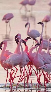 Flock of flamingos gathered in shallow water at sunset