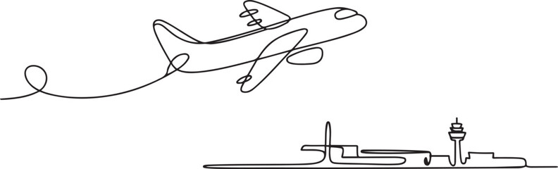 Fototapeta premium Small plane taking off in continuous line art drawing style, One continuous line drawing of airport icon. one line art icon drawing vector
