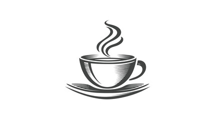 Obraz premium Classic Steaming Hot Coffee or Tea Cup on a Saucer, Hand-Drawn Vector Illustration in Monochrome Grayscale Style
