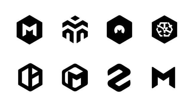 Abstract geometric logo concepts set, modern black and white hexagonal design elements for corporate branding and identity solutions