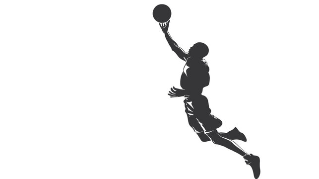 Monochrome silhouette of a basketball player jumping with a ball, representing athleticism and competitive sport.