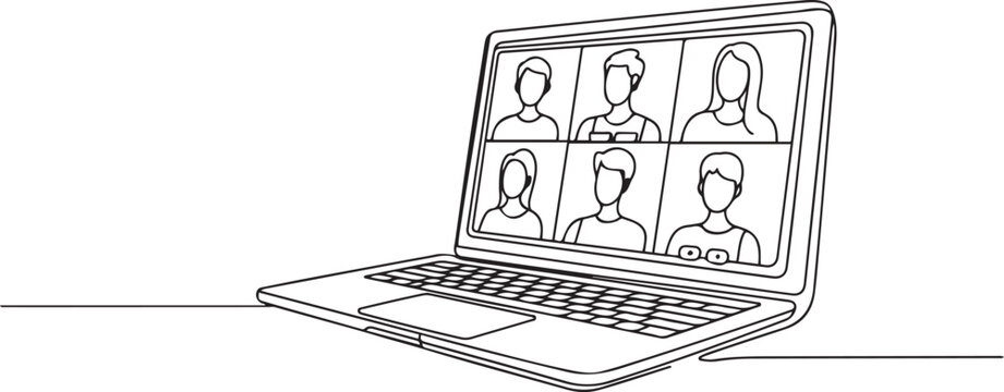 Video call of colleagues or relatives. A laptop for work or study. Portable personal computer. Vector illustration. one line art icon drawing vector