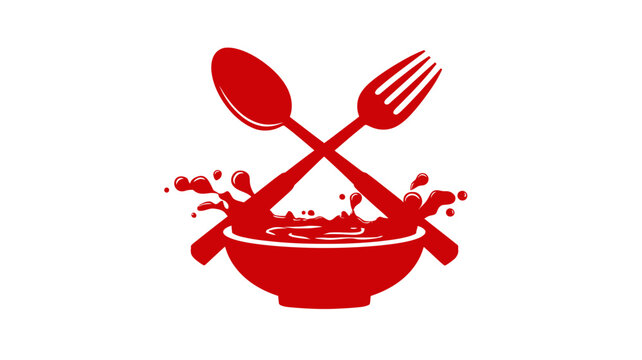 Dynamic red spoon and fork crossed over a bowl with splash, symbolizing food, cooking, dining, and restaurant service concept.