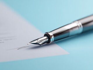 Fototapeta premium pen signing contract close up isolated on a light blue background