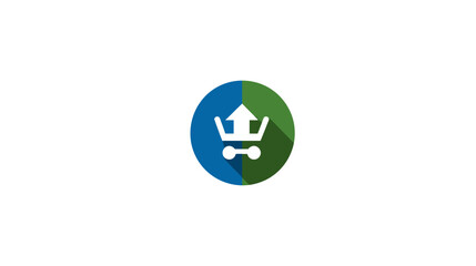 Fototapeta premium A white shopping cart icon with an upward arrow inside a blue and green split circle
