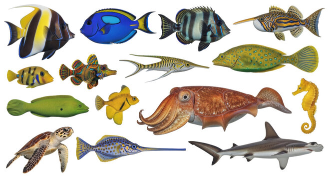 diverse tropical marine species including shark, sea turtle, eel, cuttlefish, and exotic fish, isolated against a seamless transparent background in a detailed scientific studio showcase. Educational
