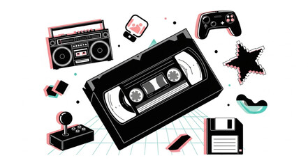 Retro technology and entertainment objects from the eighties and nineties. © Nafa