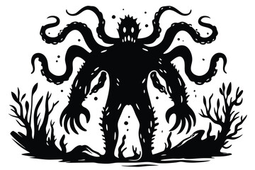 Fototapeta premium Stylized Black Octopus Graphic with Many Detailed Tentacles Isolated on White