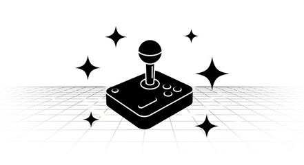 Retro arcade joystick with sparkling stars and grid pattern. © Nafa