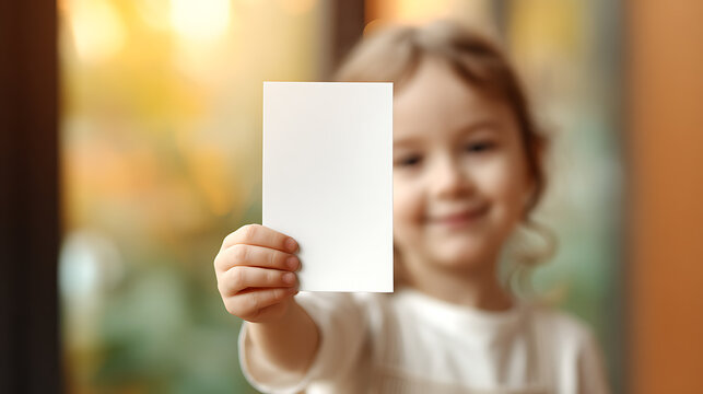 Happy child with a pure white paper card held forward, bokeh background a soft blend of warm, inviting colors, natural light