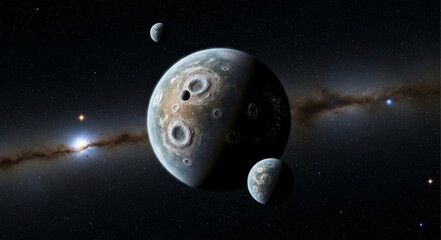 Alien planet with moons in deep space. © Nafa