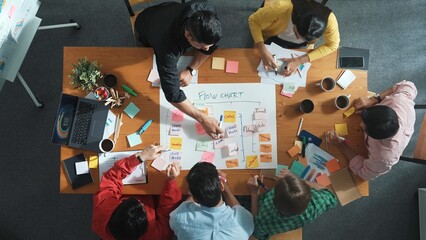 Fototapeta premium Top down aerial view of professional business people hands making scrum task board to manage workflow in workplace. Diverse marketing team writing and working together at meeting room. Convocation.