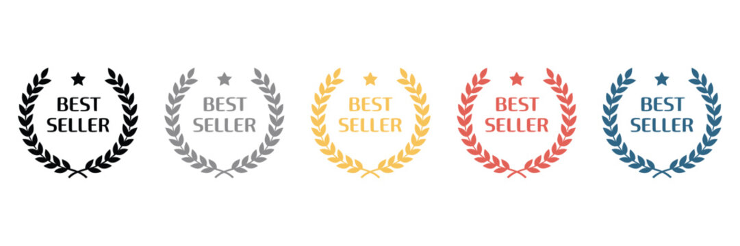 best seller badge, gold award label icon, champion rosette emblem, premium quality seal, golden winner badge symbol, luxury award sticker design, excellence certification label, top quality product ma