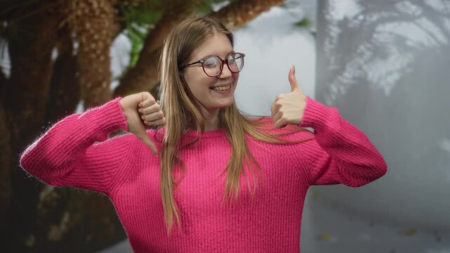 Woman in pink sweater wearing glasses displays thumbs up and thumbs down gesture in forest; indecision.