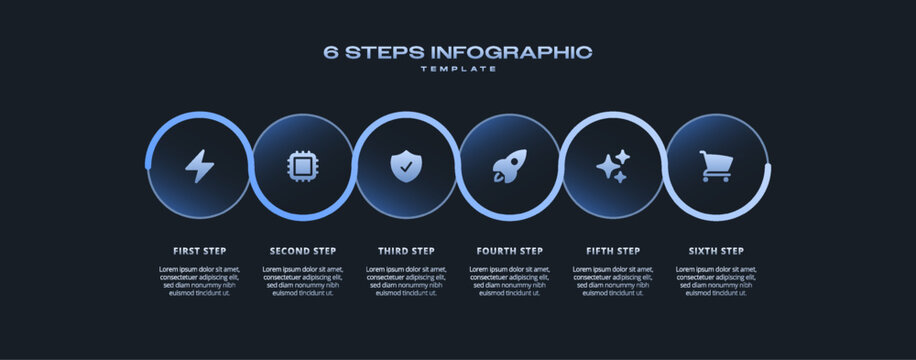 Dark Tech Infographic with Blue Gradient Glow, Futuristic Neon Circular Horizontal 6 Step Process Timeline for Presentations, Banners, Flowcharts, Business Reports, and Modern Digital UI Design Assets