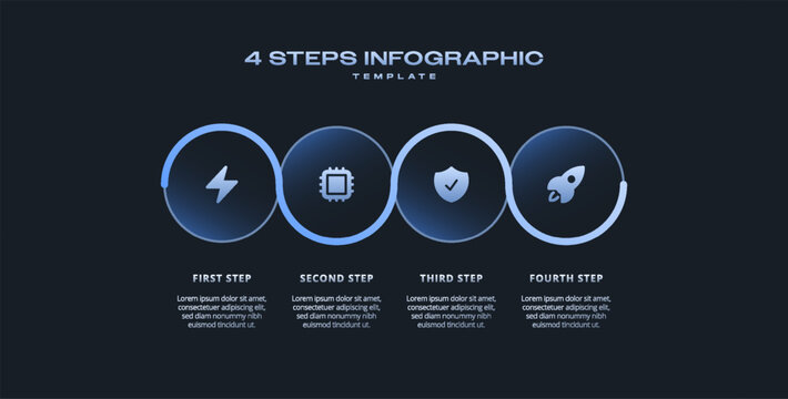 Dark Tech Infographic with Blue Gradient Glow, Futuristic Neon Circular Horizontal 4 Step Process Timeline for Presentations, Banners, Flowcharts, Business Reports, and Modern Digital UI Design Assets