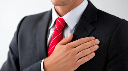 Professional businessman dark suit red tie, placing hand over heart, sincere expression transparent background isolated, business commitment visualization, with copy space