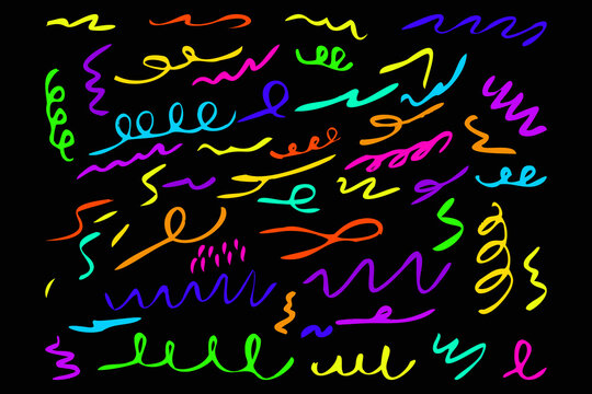 Big set multicolored untidy scribble lines, doodles Hand drawn marker curved lines, crayon drawing isolated on black background Colorful charcoal abstract elements Squiggles scribbles cratches