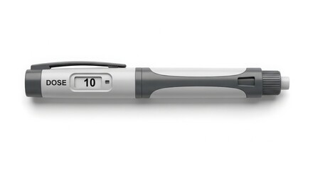 Grey and White Medical Insulin Pen Injector Mockup with DOSE 10 Digital Display isolated on White Background