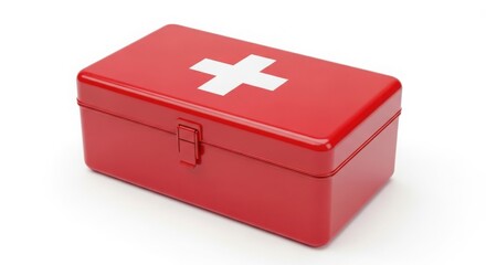 Red First Aid Kit Box with White Cross Symbol and Metal Latch for Medical Emergency isolated on White Background