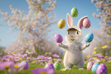 Easter cute bunny juggling with a lot of different colour eggs.