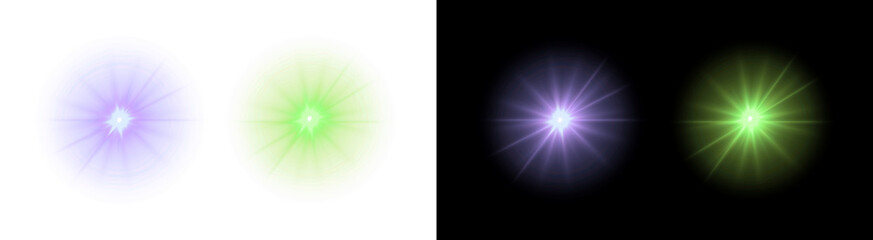 Fototapeta premium PNG&nbsp; image of&nbsp;Collection of bright purple and vibrant green starburst lens flare effects showcasing radiant light bursts on transparent background
