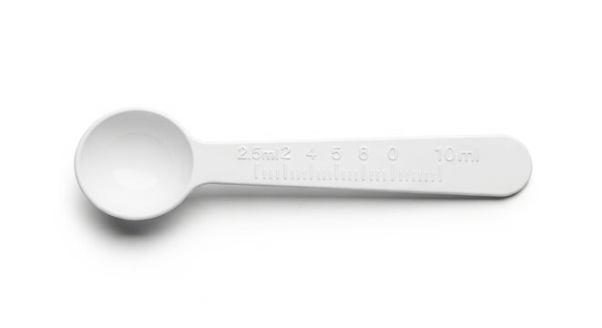 White Plastic Measuring Spoon Product Shot with Dosage Markings for Liquid Medicine or Powder isolated on White Background