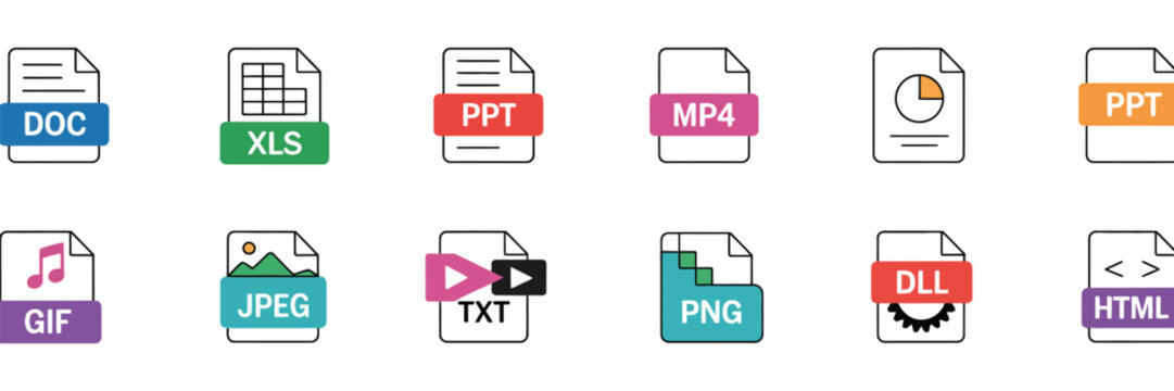 file format flat icon set, document type symbols collection, web format information icons, vector images design set, file extension interface icons, digital document symbol pack, editable file format 