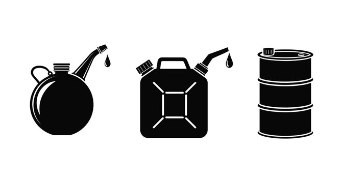 Fuel containers in black including an oil can jerrycan and barrel silhouette