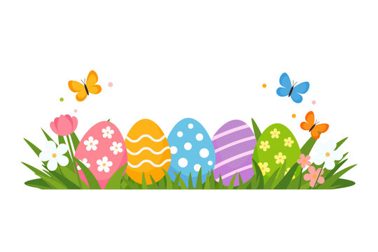 Colorful Easter vector illustration with decorated eggs in spring grass surrounded by blooming flowers and flying butterflies.
