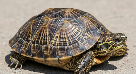Fototapeta premium Detailed shot of a turtle's patterned shell and textured skin on a concrete surface
