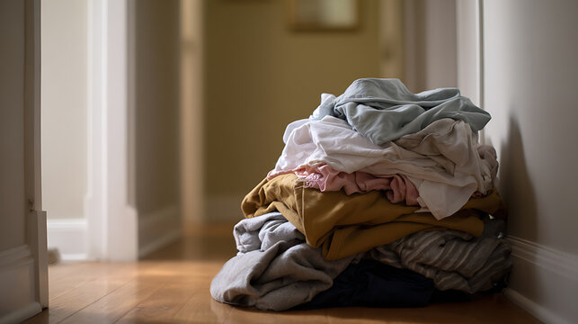 A large pile of clothes sits on a polished wooden floor in a hallway, ready for laundry day, showcasing household chores and daily life