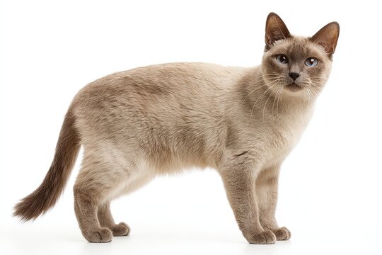A graceful Siamese cat with distinctive fur stands regally, its gaze intense in a studio-quality shot.