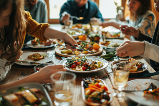 Personnes partageant un repas convivial autour d&rsquo;une grande table, cuisine vari&eacute;e et moment de convivialit&eacute; entre amis ou en famille, alimentation saine et culture du repas partag&eacute;