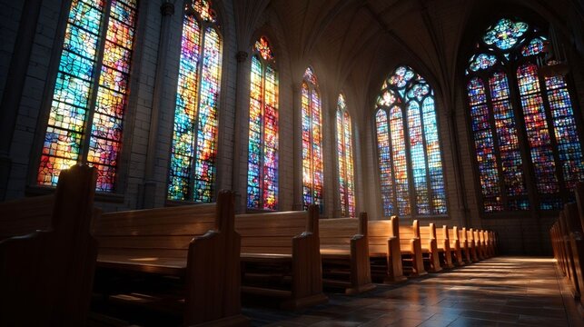 Sunlight streaming through vibrant stained glass windows illuminating the wooden pews inside a grand church.